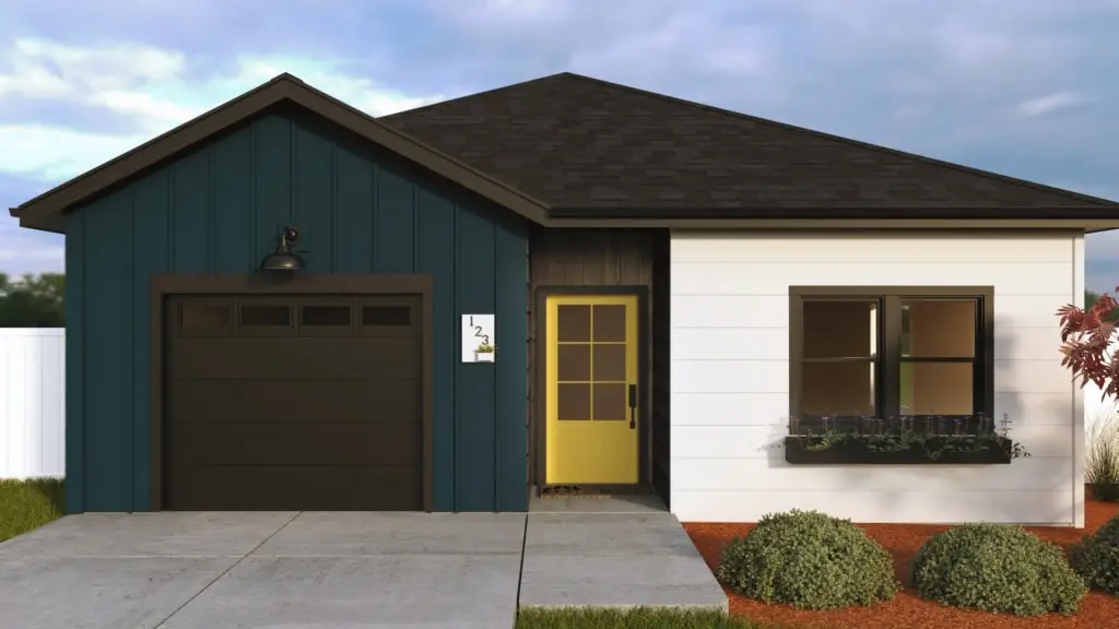 blue garage wall with yellow door white side wall with black garage