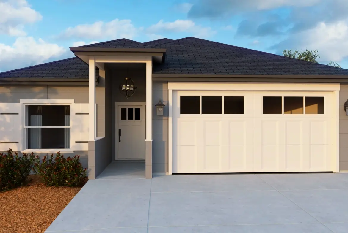 grey house with white garage