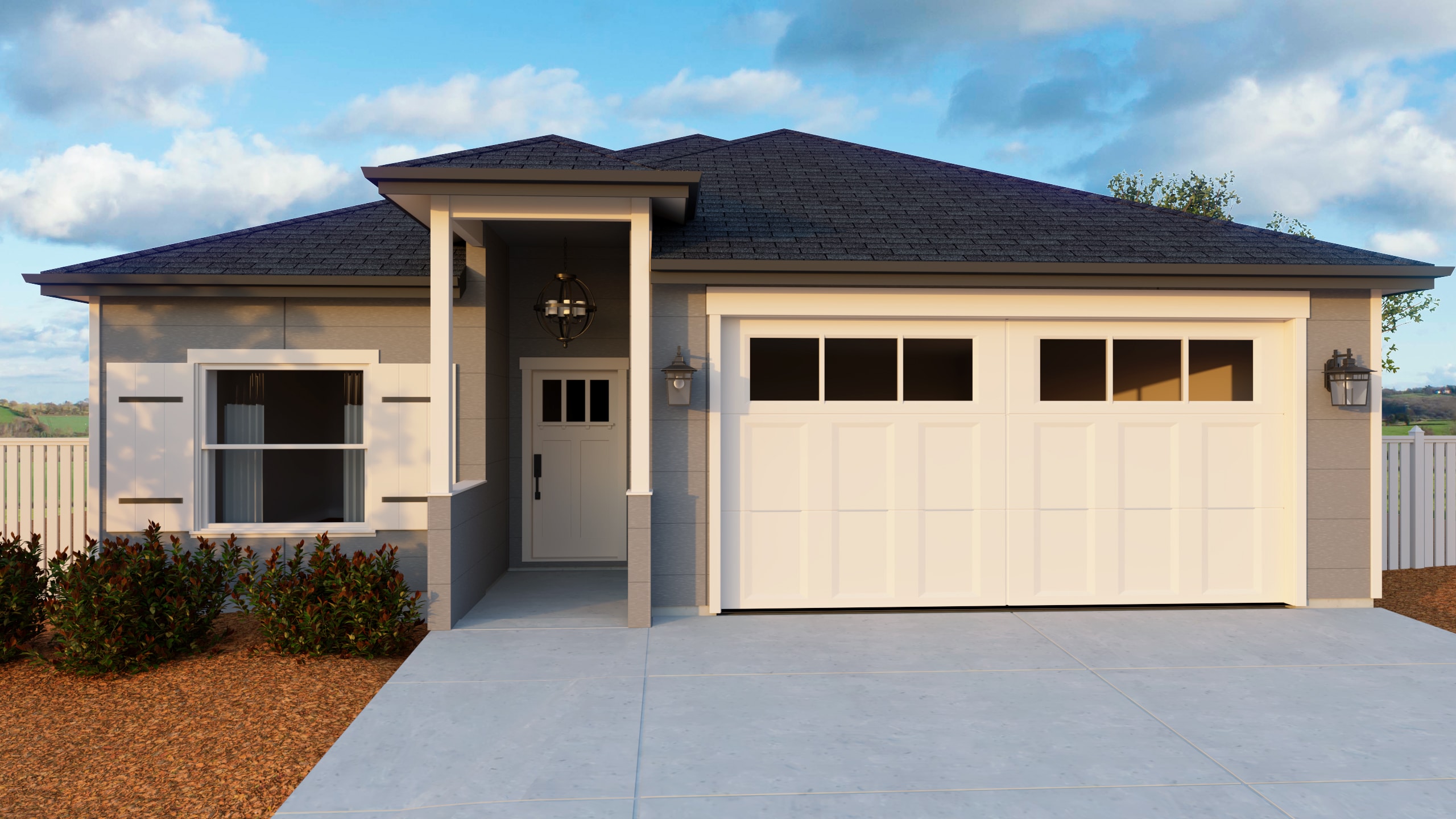 grey house with white garage