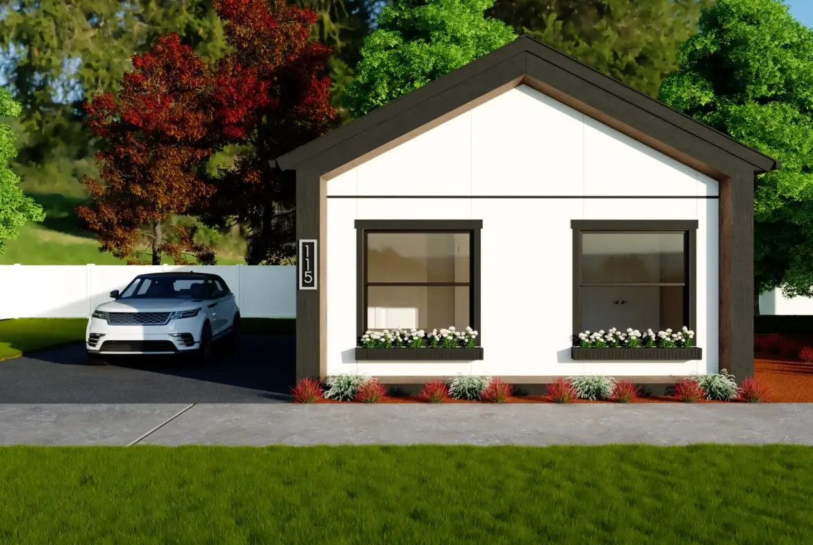 a white and black house with trees in the background