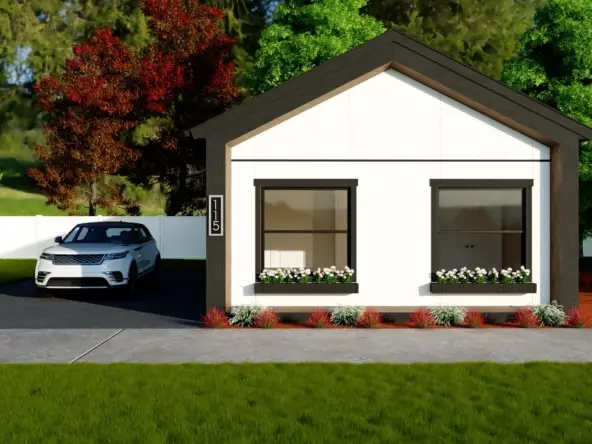 a white and black house with trees in the background